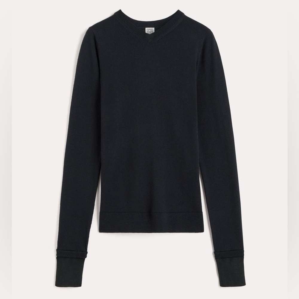 Toteme Two Tone High V Neck Knit Wool Silk Cuff Sweater Navy Blue - Picture 15 of 16